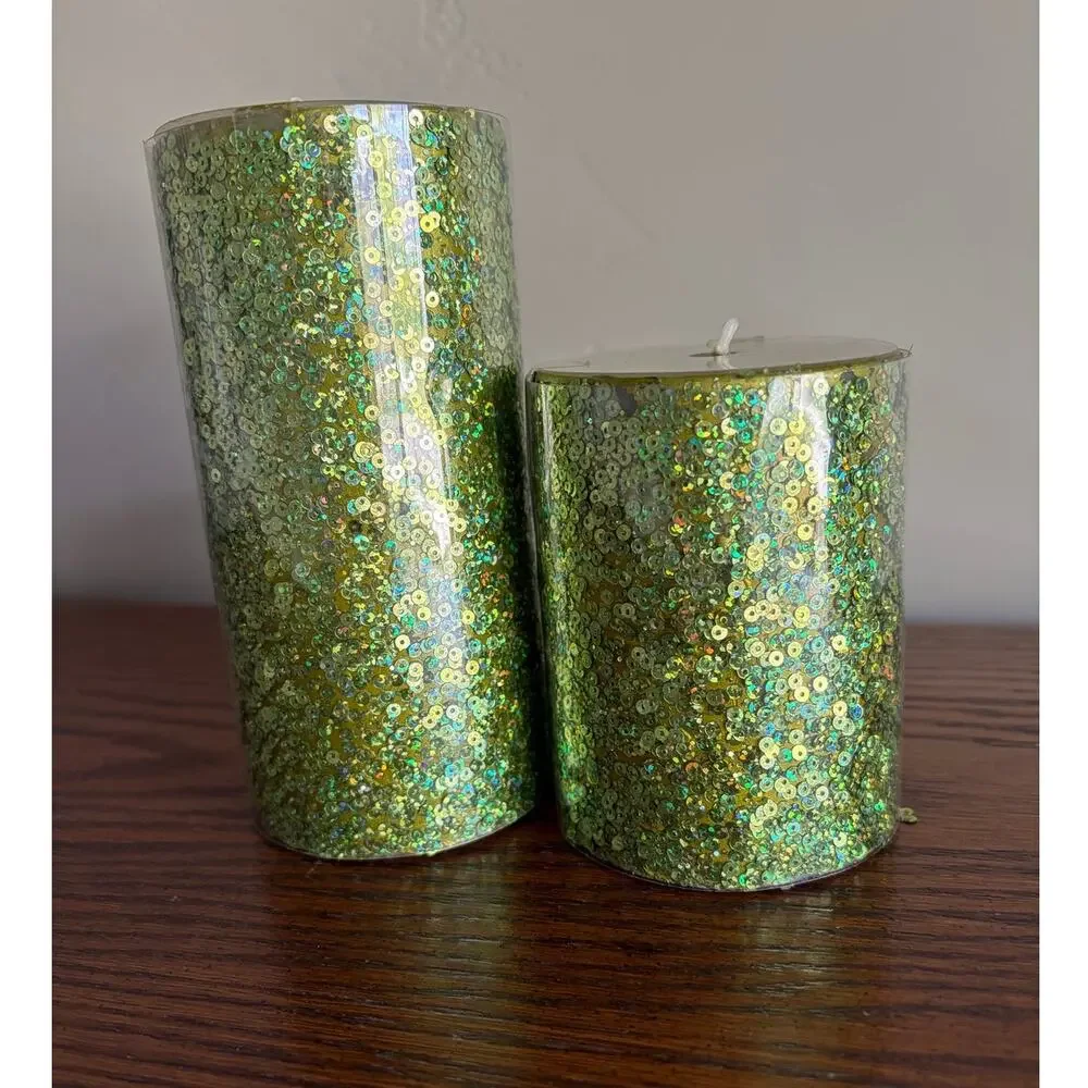 Celebrate It Sequin Shiny Green Decorative Halloween Pillar Candles 2PK